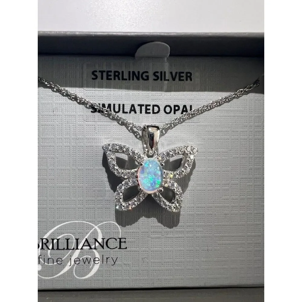 Necklace Butterfly Pendant Simulated Opal crystal details Sterling Silver New